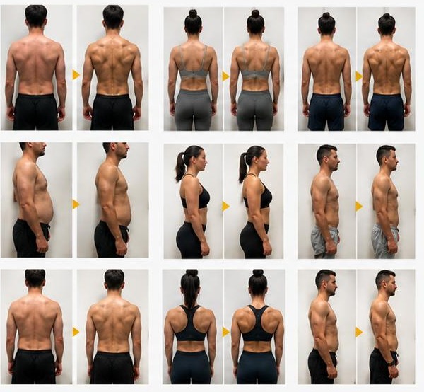 Collage de transformaciones físicas de clientes de Level Up